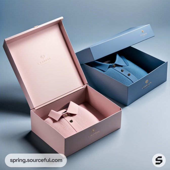 Open boxes with pink and blue shirts inside, on a blue background.