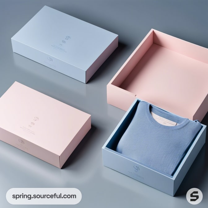 Pastel pink and blue clothing boxes, one with a blue garment inside, on a gray surface.