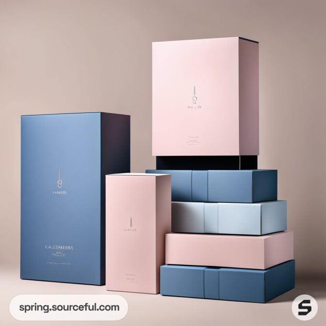 Blue and pink stacking boxes with minimalist design on a neutral background.