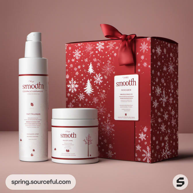 Red snowflake patterned box with skincare products.