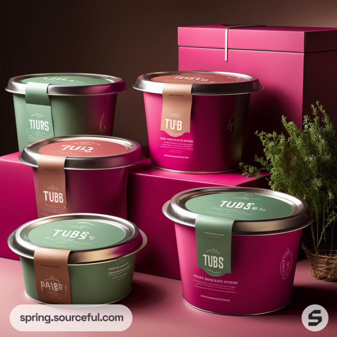 Pink and green tubs with metallic lids on a pink background.
