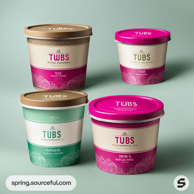 Pink and cream tubs with intricate patterns on a light green background.