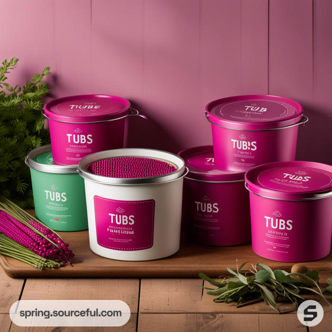 Assorted pink and green tubs with plants on a wooden surface.