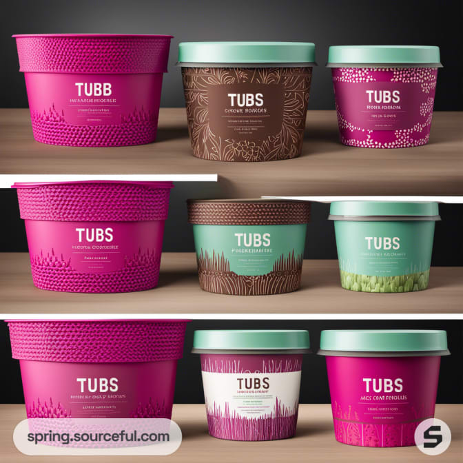 Colored tubs with textured surfaces on a shelf.