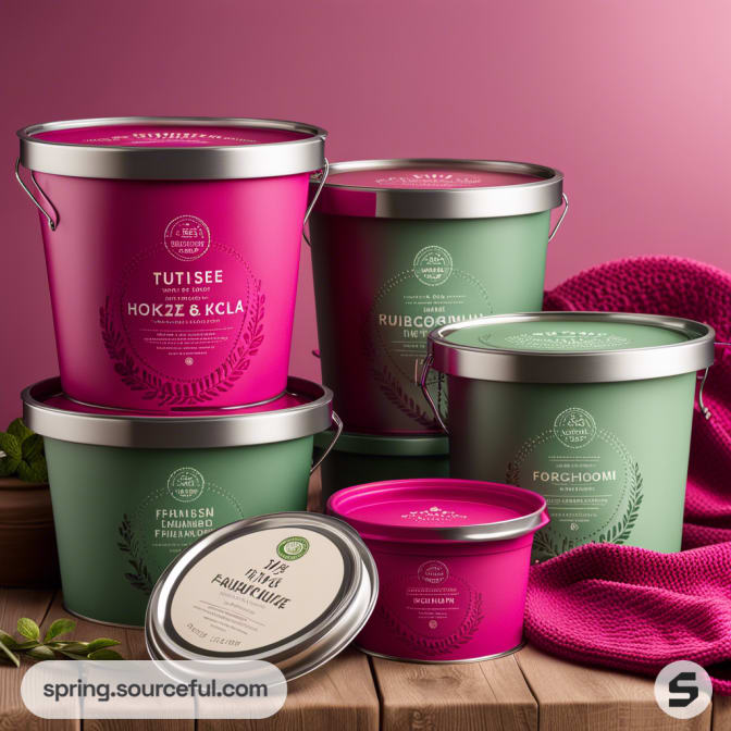 Green and pink tubs with metal rims on a pink background.