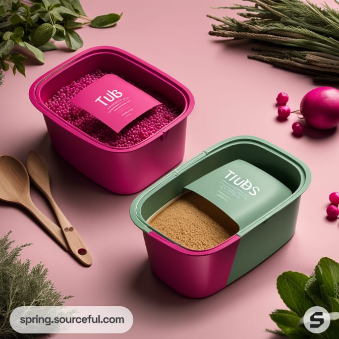 Rectangular tub with pink and green compartments on pink surface.