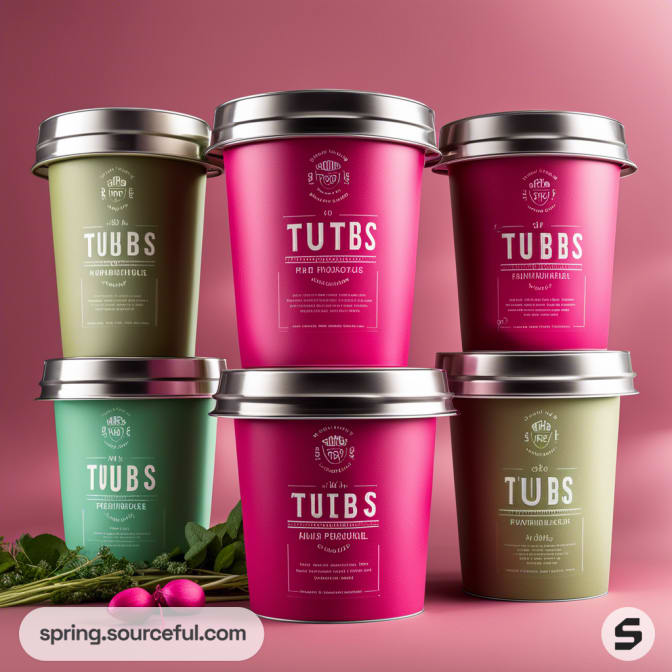 Stacked pink and green tubs with silver lids on a pink background.