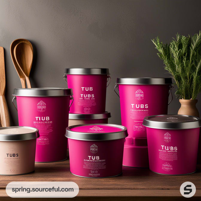 Pink tubs with metallic lids and kitchen utensils on a dark background.