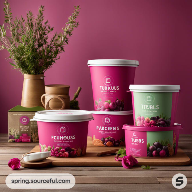 Pink and green berry-themed tubs with decorative plants.