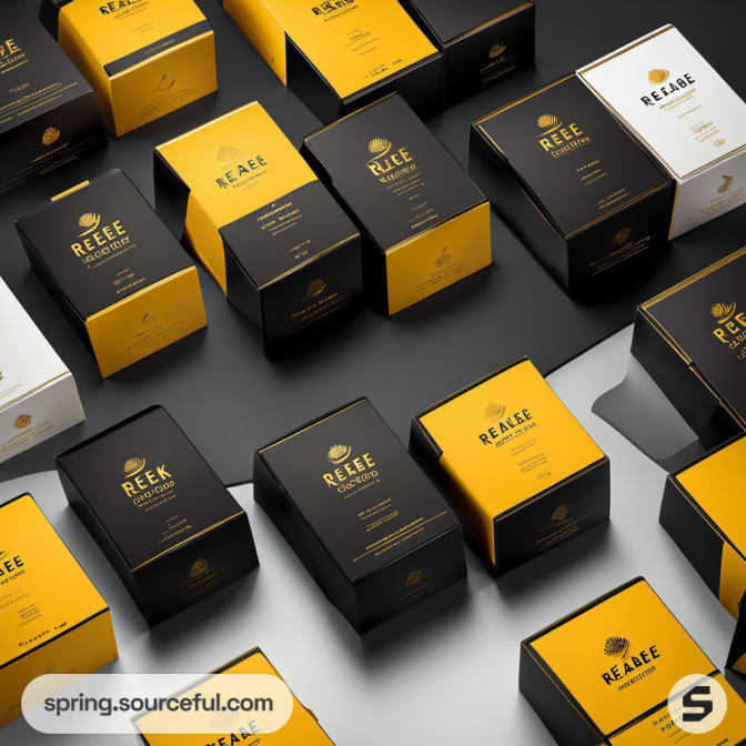 Multiple black, yellow, and white small boxes on a black background.