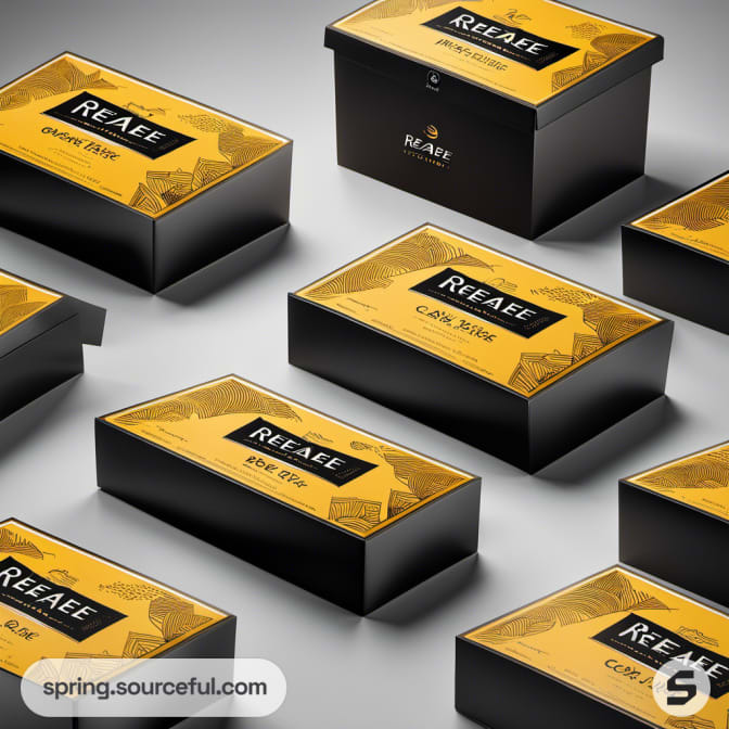 Rectangular black boxes with ornate yellow lids on a gray surface.