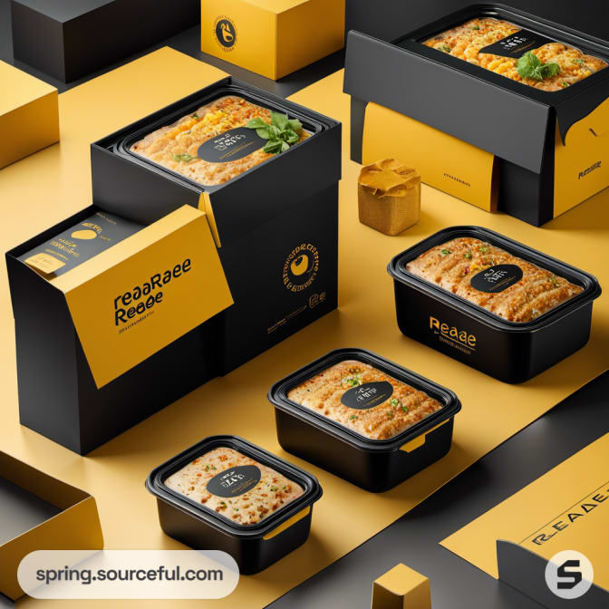 Yellow and black meal packaging with clear lids and fresh dishes.