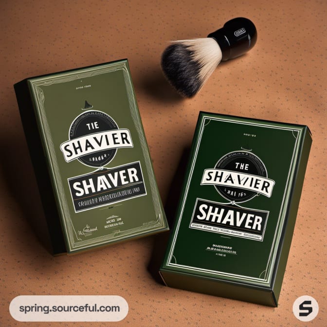 Two green shaver boxes with shaving brush on brown.