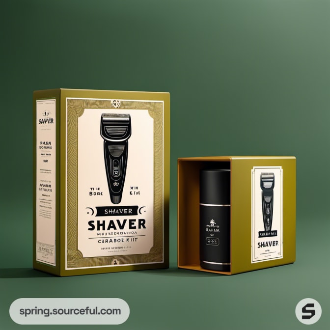 Electronic shaver box with olive green and gold theme.