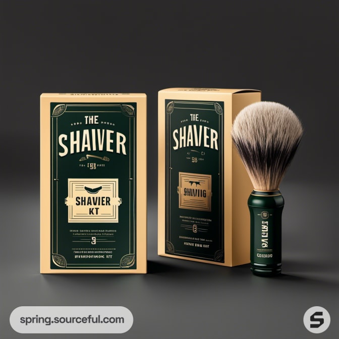 Shaver box in dark green next to shaving brush.