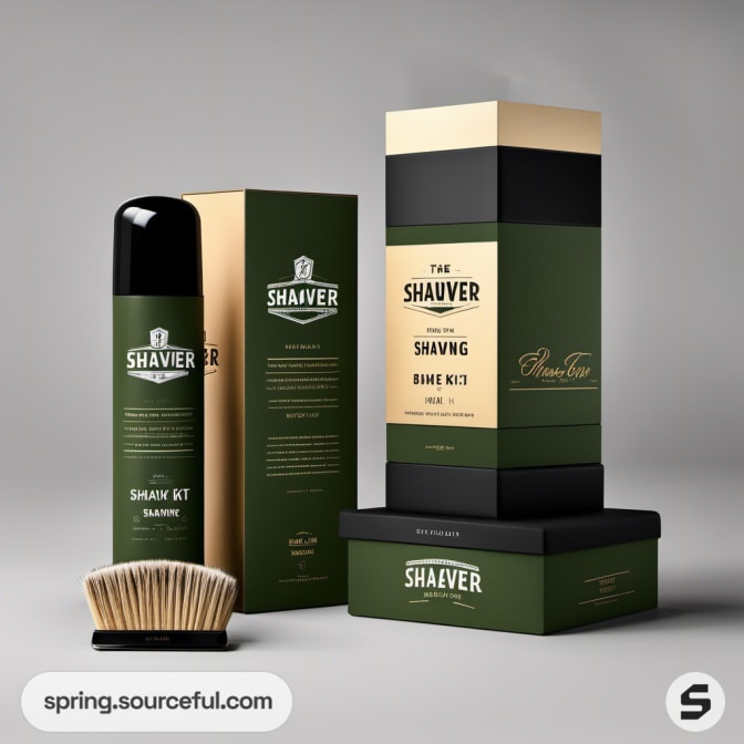 Tall green and beige shaver box with brush.