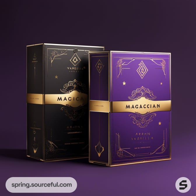 Black and purple luxury box with gold ornate design.