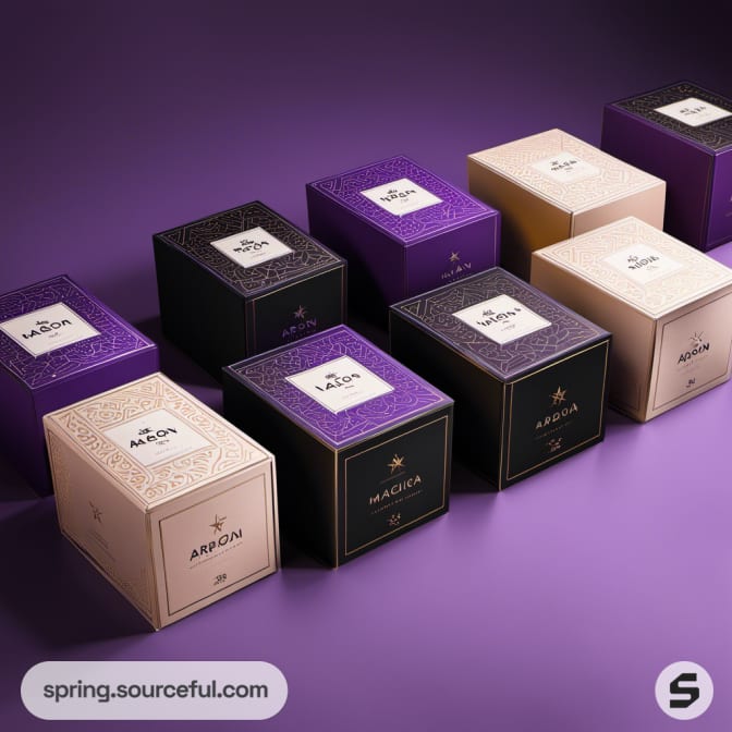 Assorted colorful boxes in rows on a purple surface.