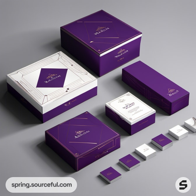 Various sized purple boxes with geometric design.