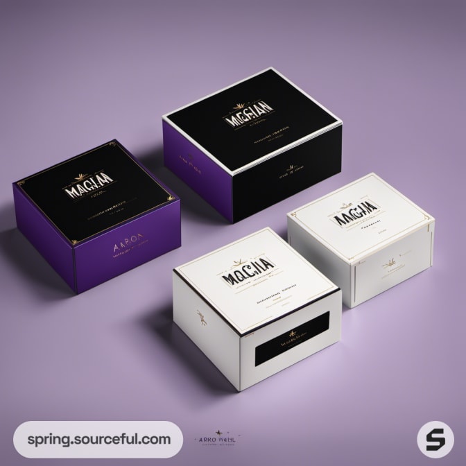 Sets of black and white boxes on a purple background.