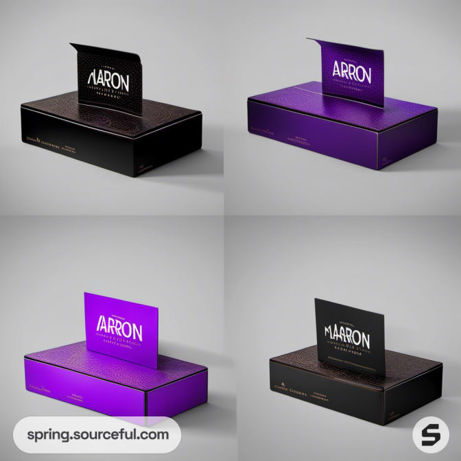 Purple and black rectangular boxes with standing cards.