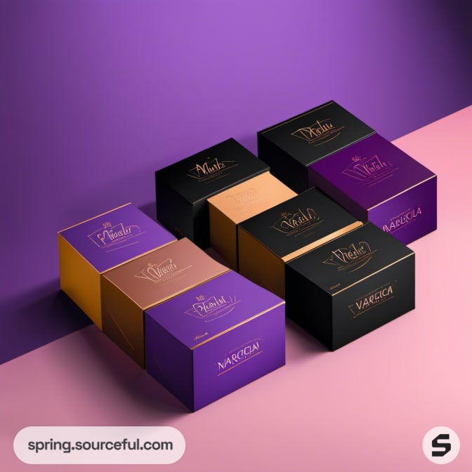 Set of purple and gold boxes on a vibrant background.