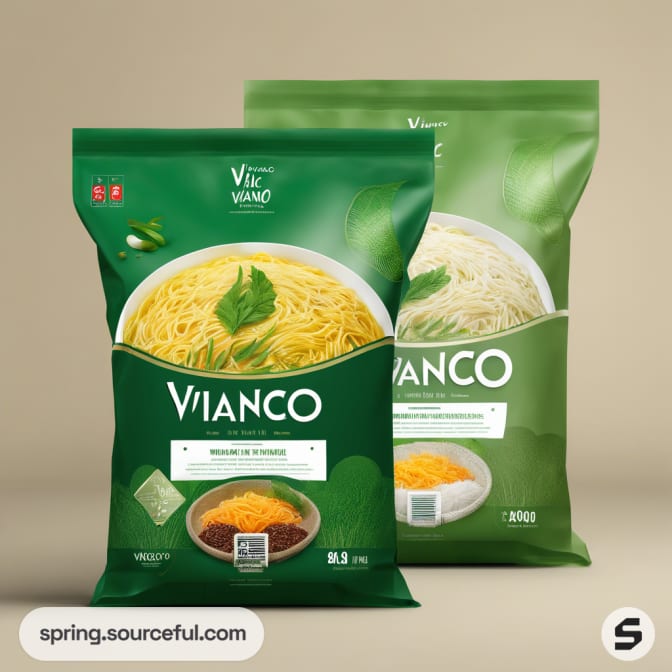 Green bag of dried noodles with bowl and herbs illustration