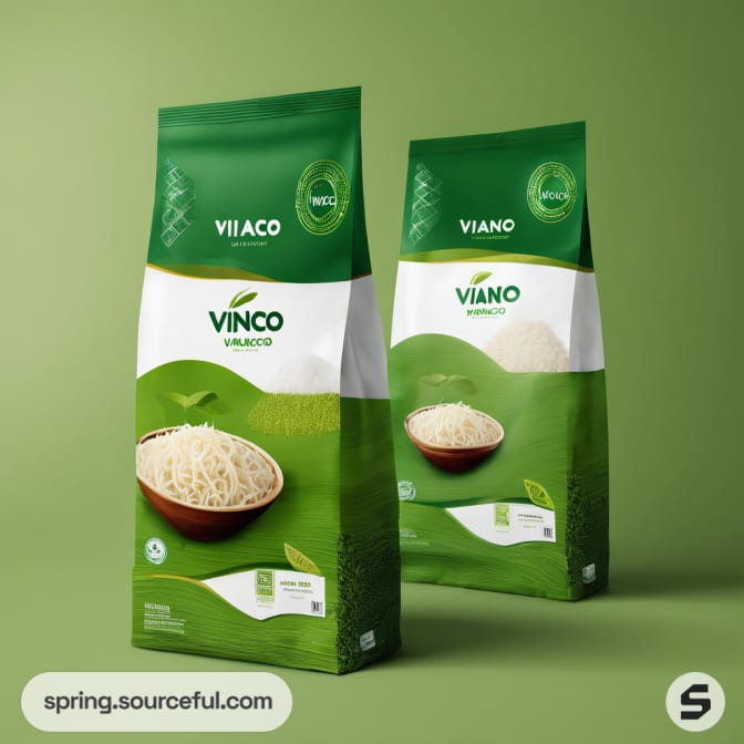Tall green bags of rice with bowl illustration