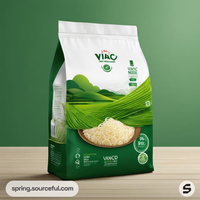 Large green rice bag with mountain and bowl illustration