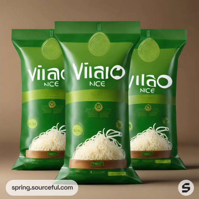 Three green noodle bags with noodles at the bottom