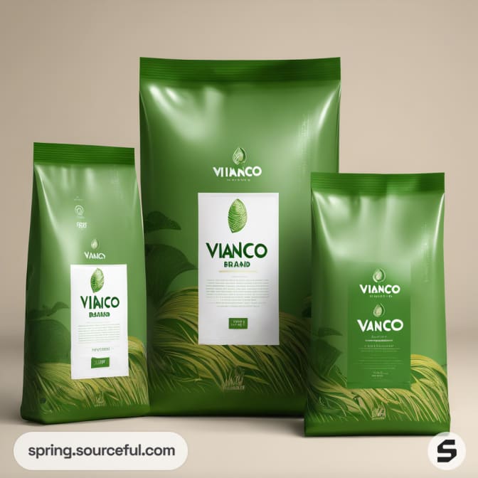 Three green rice bags with leaf design
