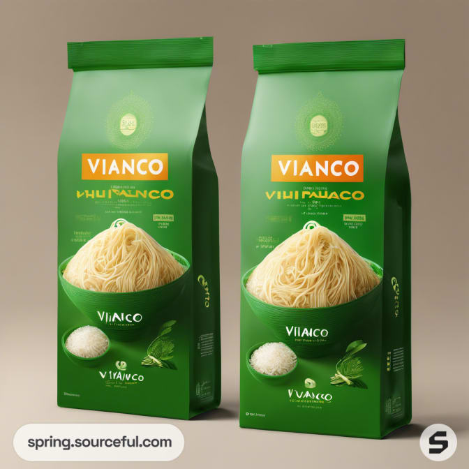 Tall green noodle bags with bowl and herbs