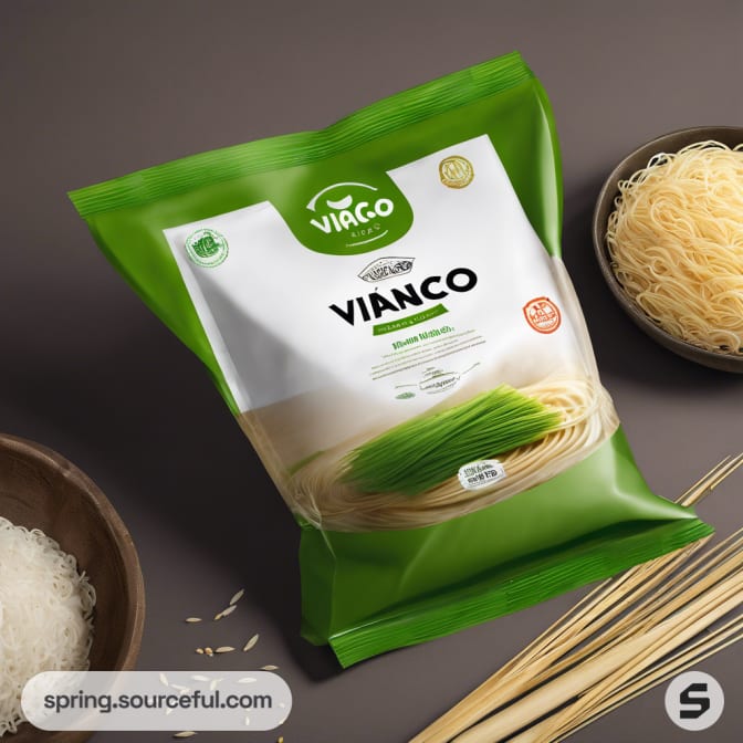 Green bag of noodles with bowl and chopsticks