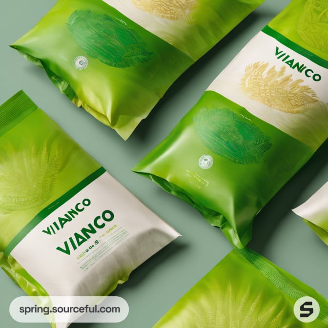 Array of green noodle bags with noodle illustration