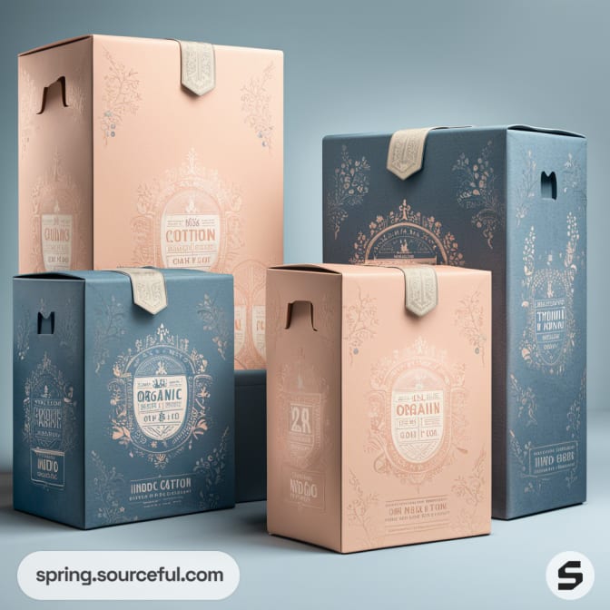 Four decorative paper boxes in pastel peach and blue with organic cotton labels and floral patterns on a light background.