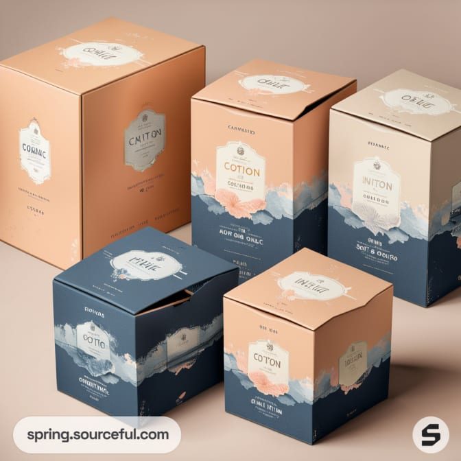 Stacked cardboard boxes with pastel and navy watercolor designs and labels, on a beige background.