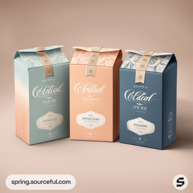 Set of three paper packages in mint green, peach, and blue with floral accents on top.