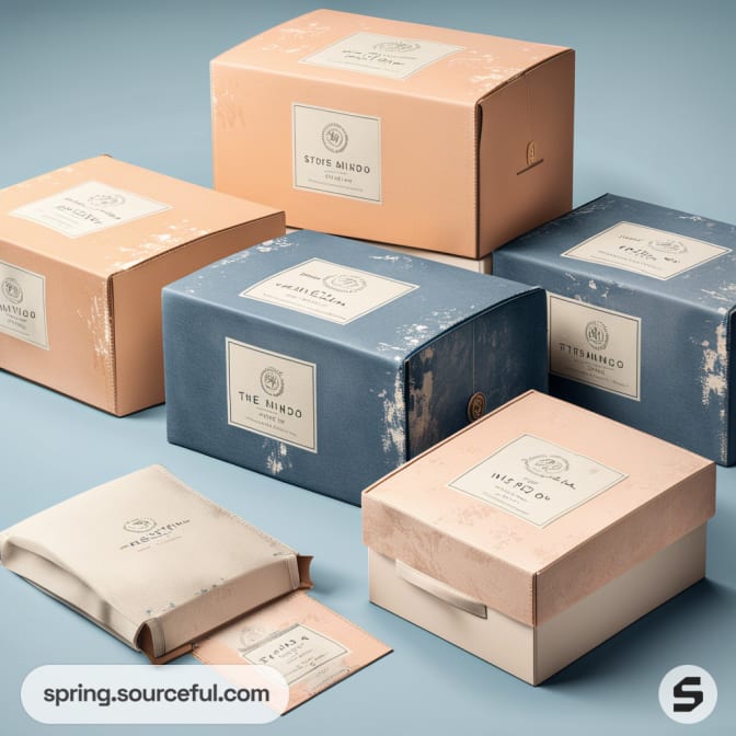 Pastel-colored cardboard boxes with elegant labels on a blue background. Various sizes; some are blue, others pink.