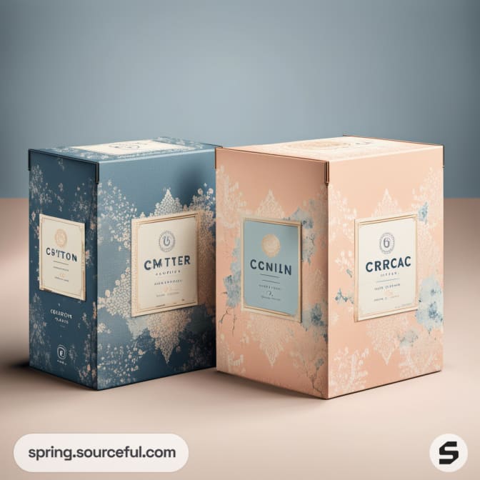 Two elegant boxes with floral patterns, one blue and one peach, on a neutral background.