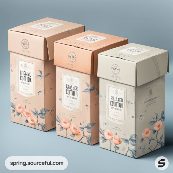 Three pastel-colored paper boxes with floral designs, labeled 'Organic Cotton,' 'Organic Cacao Cotton,' and 'Recycled Cotton.'
