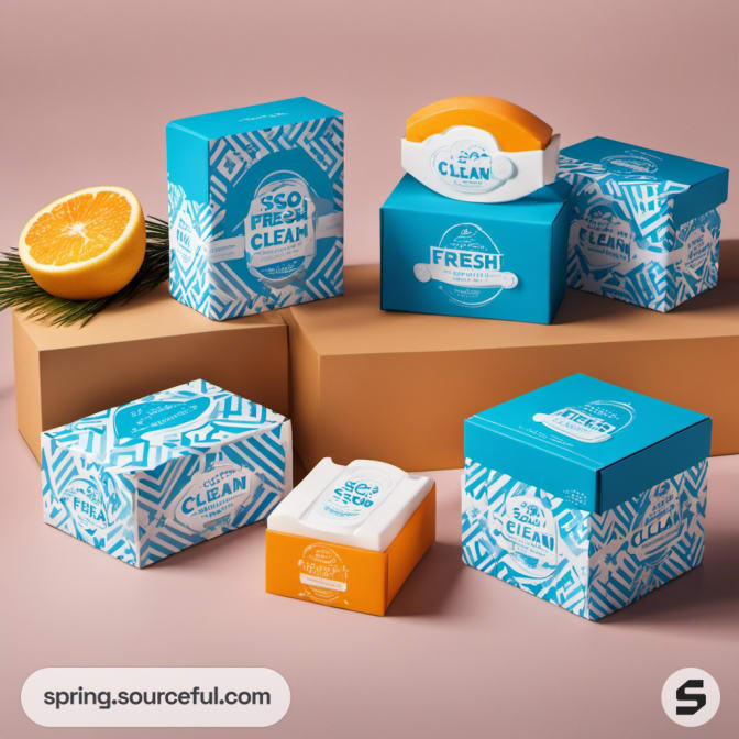 Blue mailer boxes with white abstract patterns and orange soap accents on a brown display.