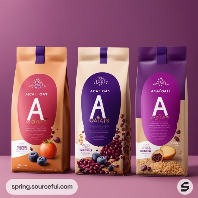 Three acai oat bags with fruit graphics on a purple background.