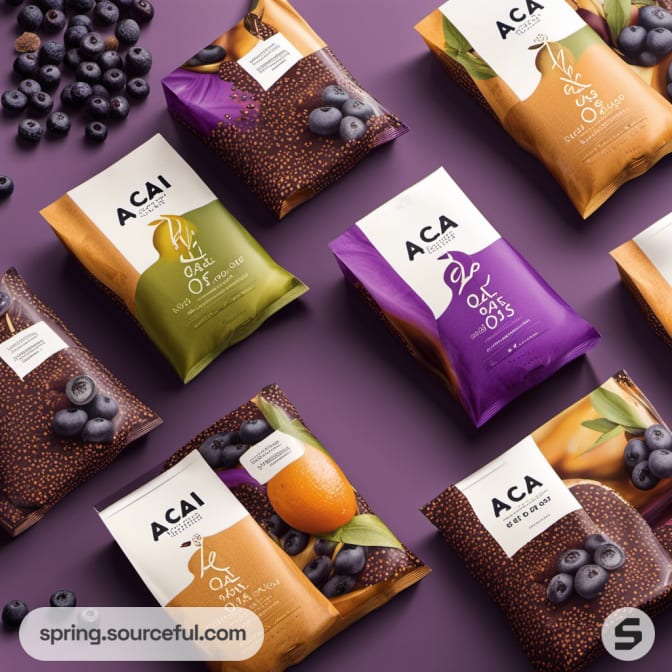 Assorted acai oat snack pouches with fruit designs on a purple surface.