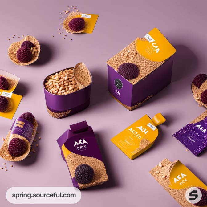 Assorted purple and yellow acai oat packaging and snacks on a purple background.