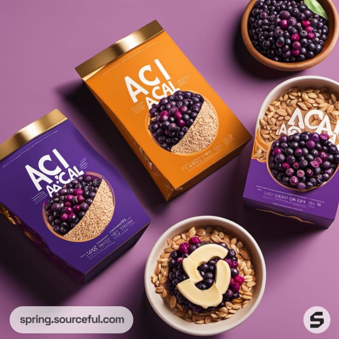 Acai cereal boxes with berry and grain designs on a purple table.