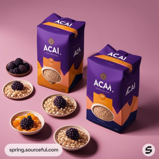 Two purple and orange acai oat boxes with blackberries in bowls.