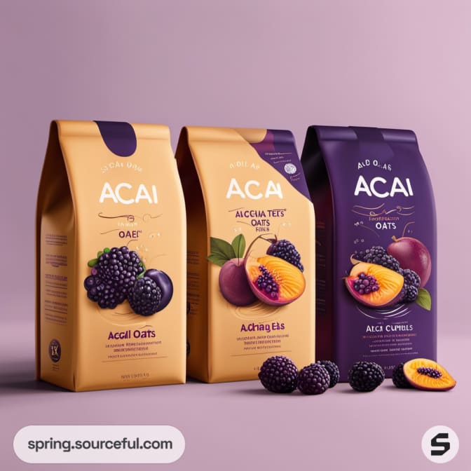Three acai oat boxes with fruit images on a purple backdrop.