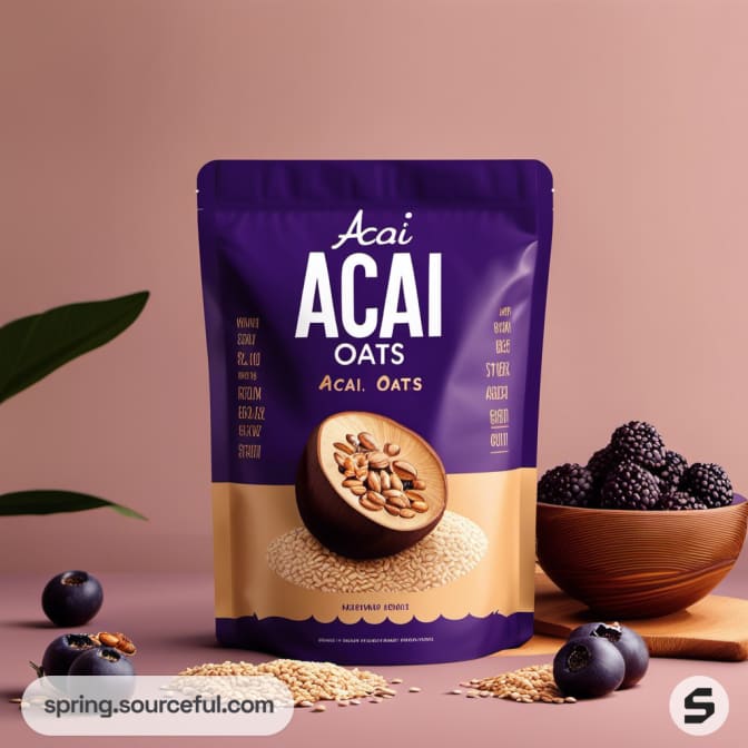 Purple resealable pouch of acai oats with berries and grains pictured.