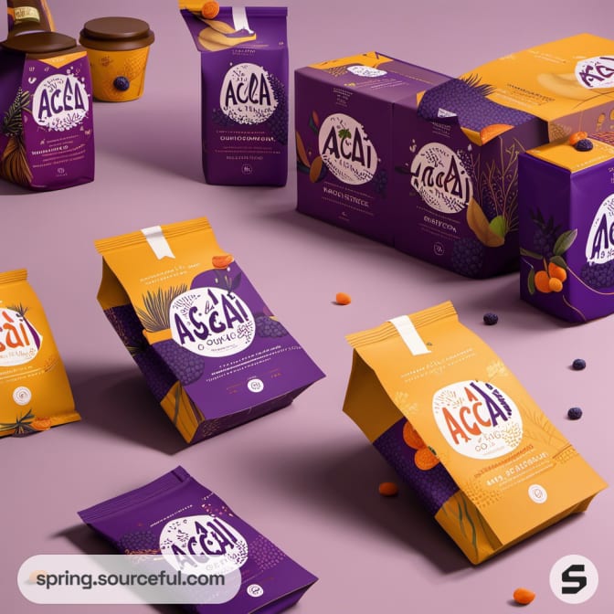 Purple and orange acai oat boxes with graphic designs on a purple surface.