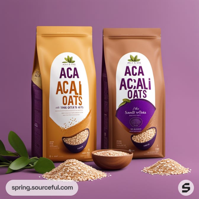 Two acai oat bags with bowl illustrations on a purple background.